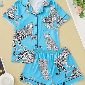 Blue Leopard Print Pajama Set